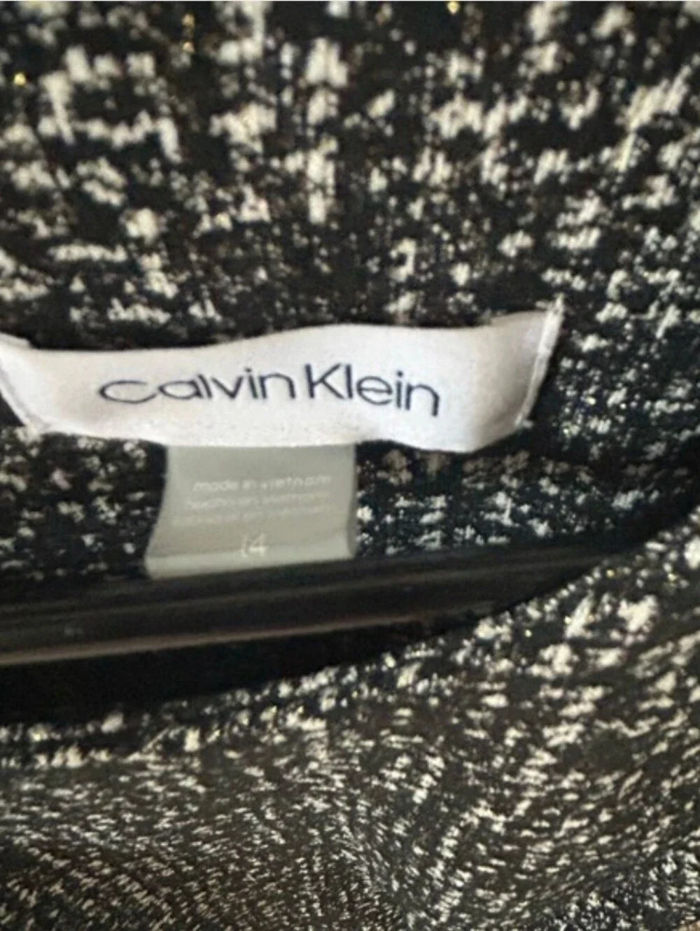 Calvin Klein Black White And Gold Tweed Sheath Dress Knee Length Size 14 GUC